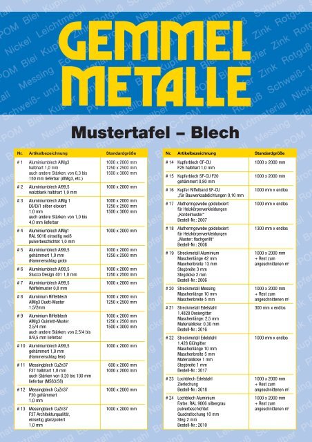 Mustertafel – Blech - Gemmel Metalle