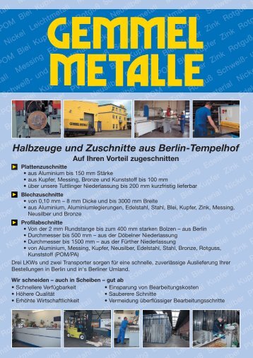 Halbzeuge und Zuschnitte aus Berlin-Tempelhof - Gemmel Metalle