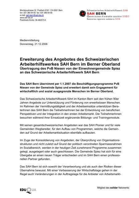 SAH Bern erweitert sein Angebot - Schweizerisches Arbeiterhilfswerk