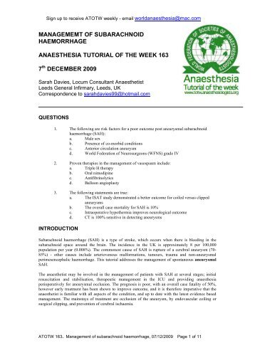 163 Management of subarachnoid haemorrhage - Anaesthesia UK