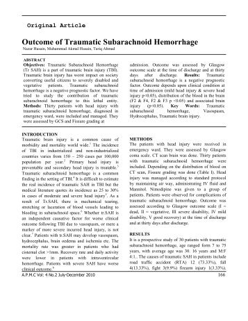 Outcome of Traumatic Subarachnoid Hemorrhage - Punjab Medical ...