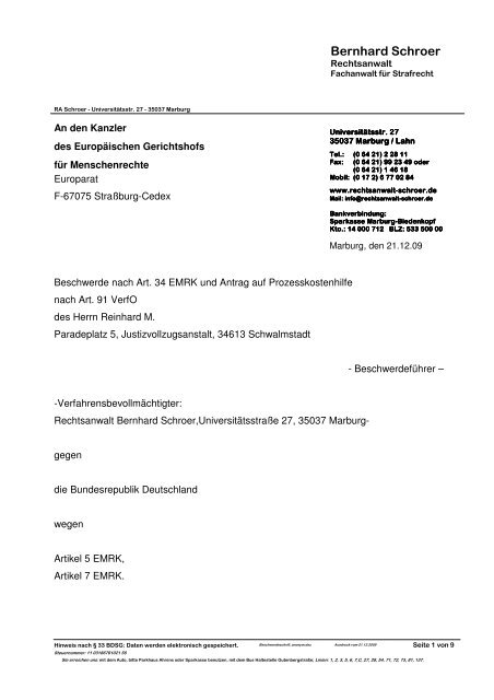 Beschwerdeschrift Rechtsanwalt Bernhard Schroer