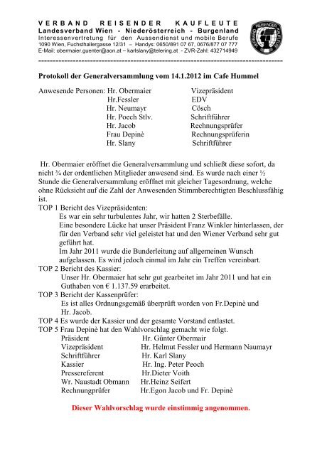 Protokoll der Generalversammlung vom 14