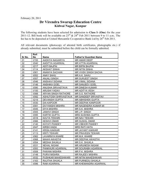 result class I 2011 - Dr. Virendra Swarup Education Centre