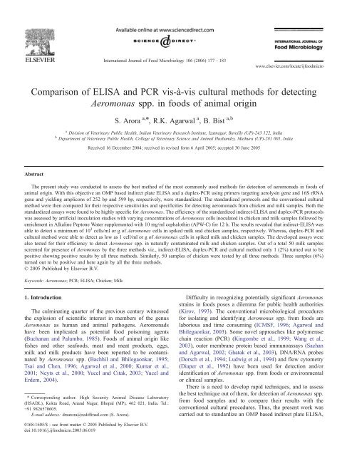 Comparison of ELISA and PCR vis-a`-vis cultural methods for ...