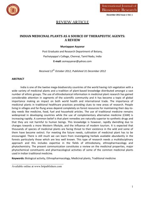 indian medicinal plants as a source of therapeutic - BRT Publishers