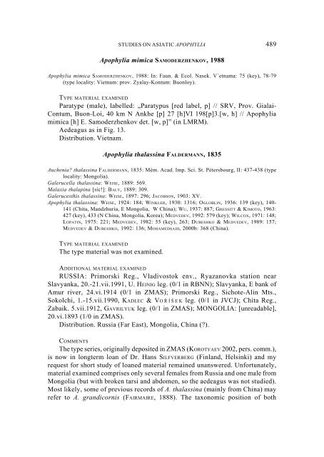 Studies on asiatic Apophylia. Part 5: Revisional study of type ...