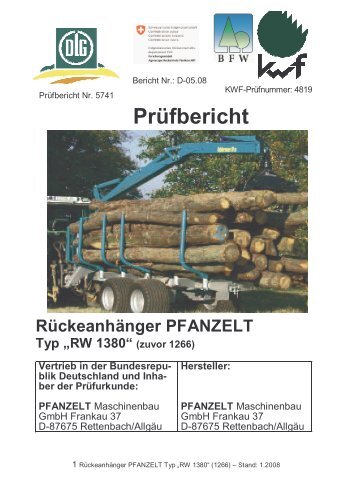Prüfbericht Rückeanhänger PFANZELT Typ „RW 1380“