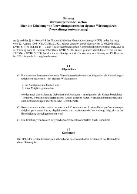 Verwaltungskostensatzung - Samtgemeinde Gartow