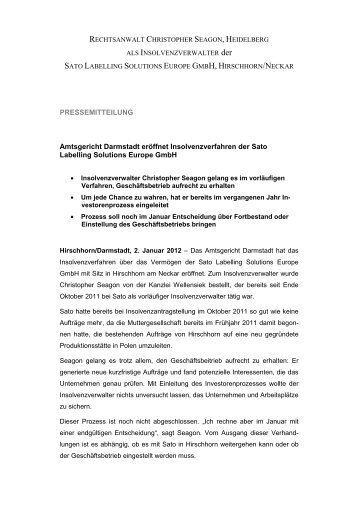 Amtsgericht Darmstadt eröffnet Insolvenzverfahren der Sato ...