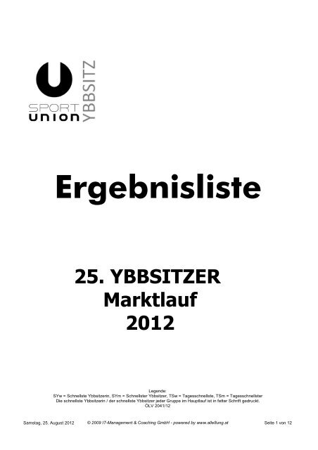 Ergebnisliste 25. YBBSITZER Marktlauf 2012 - Marktgemeinde Ybbsitz