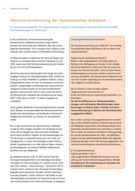 Ausgabe 2|2011 - Hannoversche Volksbank eG