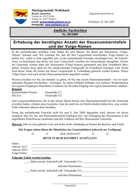 Amtliche Nachrichten - Marktgemeinde Wolfsbach