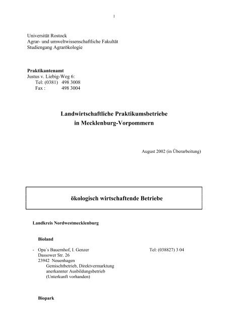 Oekologische Betriebe - Agrar- und Umweltwissenschaftliche ...