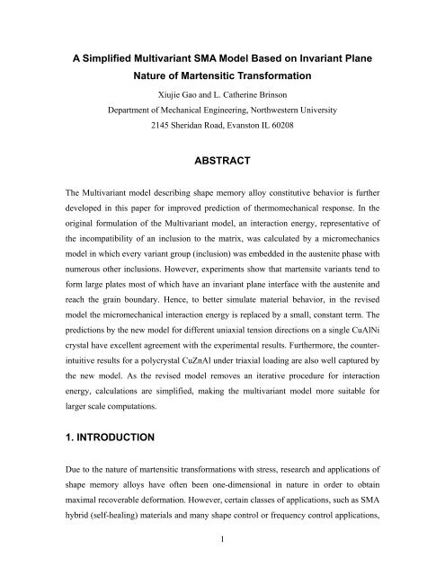 A Simplified Multivariant SMA Model Based on Invariant Plane ...