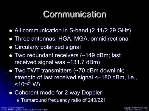 Pioneer telemetry: initial analysis - Viktor T. Toth