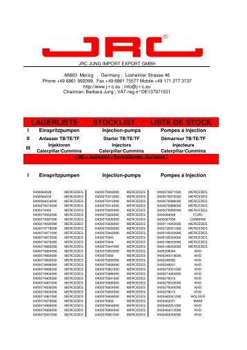 lagerliste / stocklist / liste de stock - JRC Import- Export GmbH D