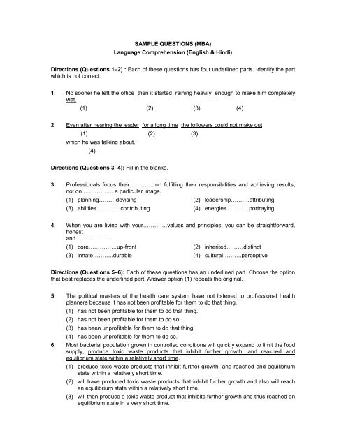 SAMPLE QUESTIONS (MBA) Language Comprehension (English ...