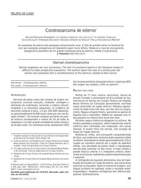 Condrossarcoma de esterno* - Jornal Brasileiro de Pneumologia