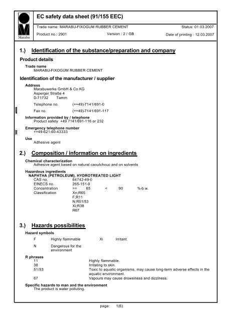 EC safety data sheet (91/155 EEC) 1.) Identification of ... - Kreativ.de