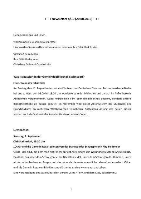 Bibliothek Newsletter 4/10 (20.08.2010) - Stahnsdorf