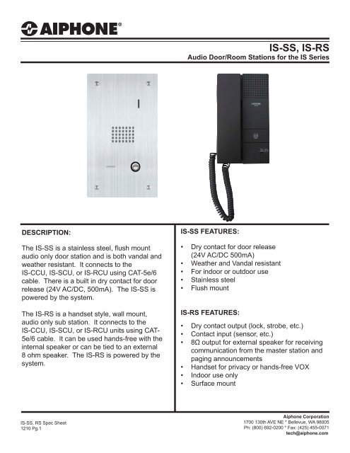 IS-SS, IS-RS Spec Sheet - Aiphone