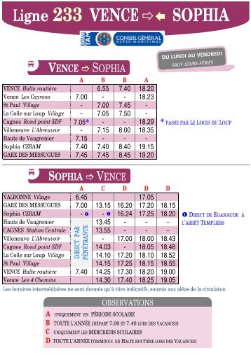 Ligne et horaires TAM 233 Vence / Sophia - Sophiaforum