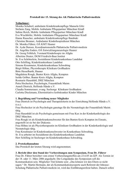 Protokoll der 15. Sitzung des AK Pädiatrische Palliativmedizin ...