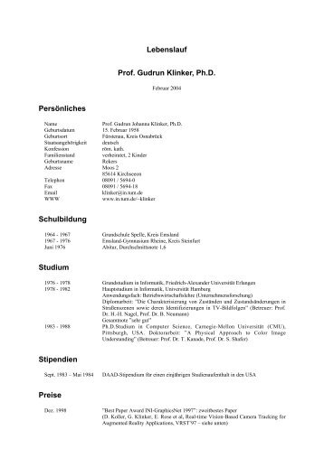 Lebenslauf Prof. Gudrun Klinker, Ph.D. Persönliches Schulbildung ...