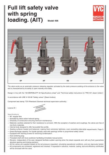 Full lift safety valve with spring loading. (AIT) Model 496