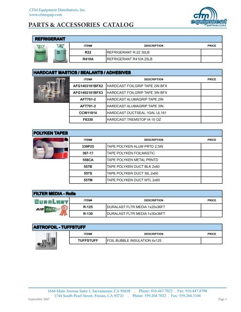 PARTS & ACCESSORIES CATALOG - CFM Equipment