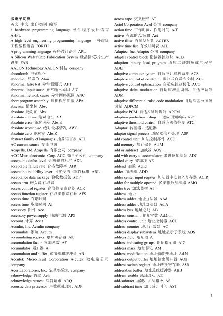 微电子词典英文中文出自 类别缩写a Hardware Programming Read