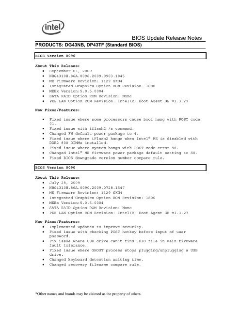 BIOS Update Release Notes - Intel