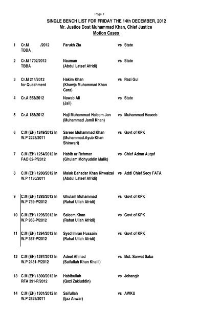 Cause List for Friday, 14 December 2012 - High Court Peshawar