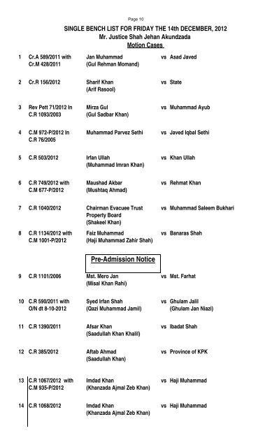 Cause List for Friday, 14 December 2012 - High Court Peshawar