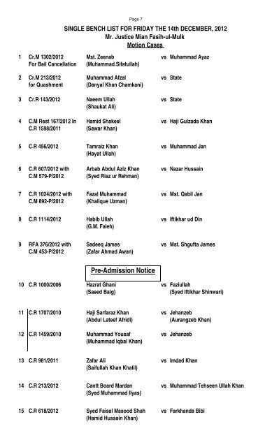 Cause List for Friday, 14 December 2012 - High Court Peshawar