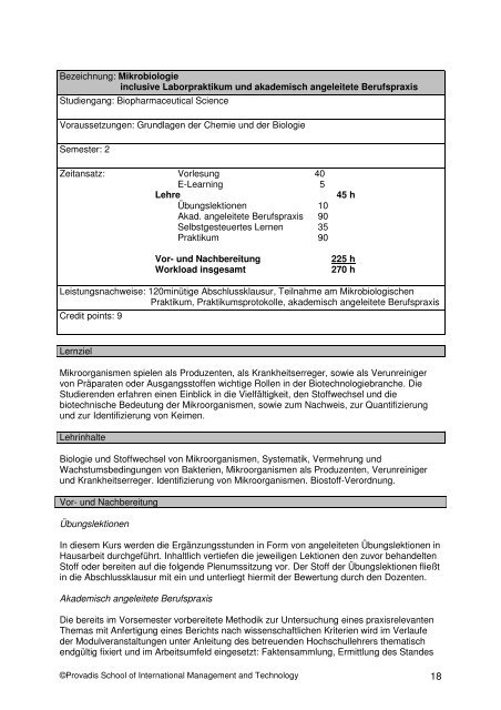 Bachelor Biopharmaceutical Science ab 2010 - Provadis Hochschule