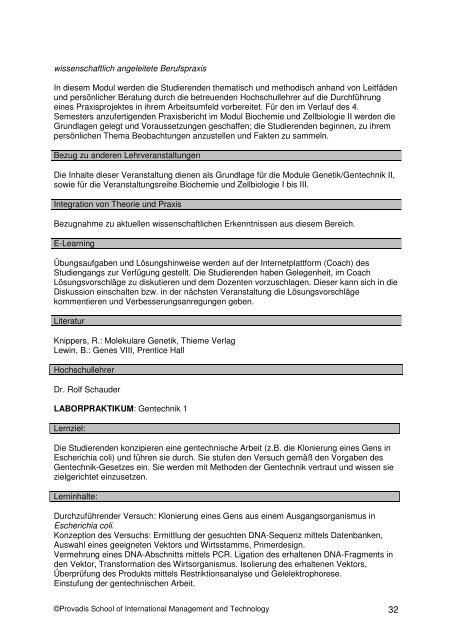 Bachelor Biopharmaceutical Science ab 2010 - Provadis Hochschule