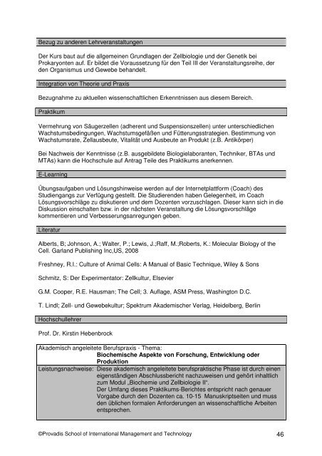 Bachelor Biopharmaceutical Science ab 2010 - Provadis Hochschule