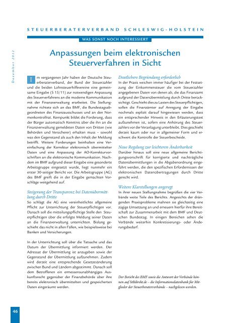 Ausgabe 4/2012 - Steuerberaterverband Schleswig-Holstein e.V.