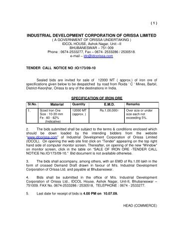 industrial development corporation of orissa limited - Tender