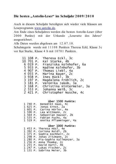 Leseratten des Schuljahres 2009/2010 - Schule Schwarzenfeld
