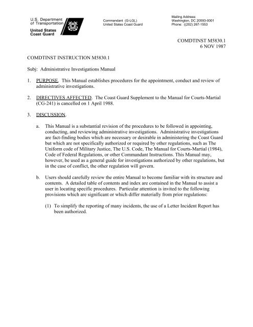 CIM_5830_1 Administrative Investigations Manual - U.S. Coast Guard