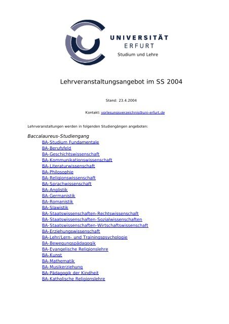 Lehrveranstaltungsangebot im SS 2004 - Universität Erfurt