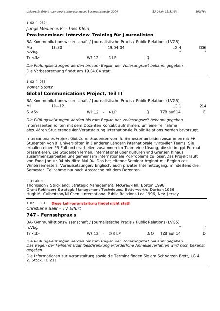 Lehrveranstaltungsangebot im SS 2004 - Universität Erfurt