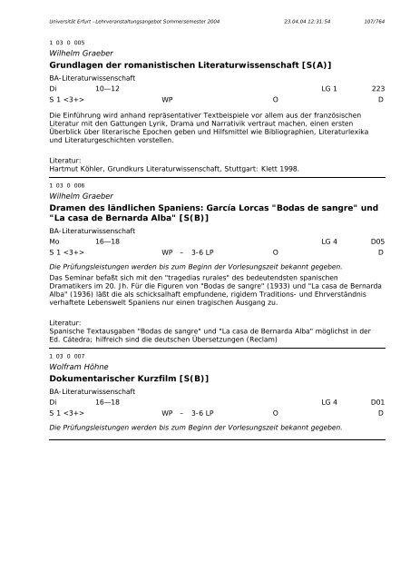 Lehrveranstaltungsangebot im SS 2004 - Universität Erfurt