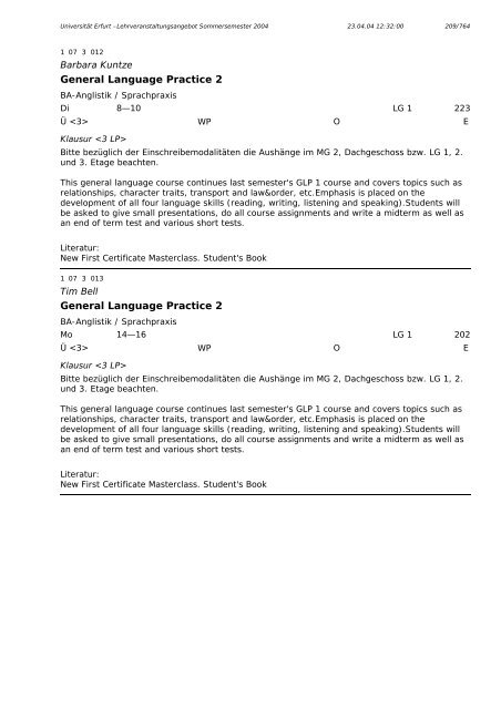 Lehrveranstaltungsangebot im SS 2004 - Universität Erfurt