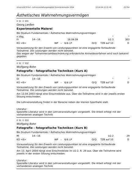 Lehrveranstaltungsangebot im SS 2004 - Universität Erfurt