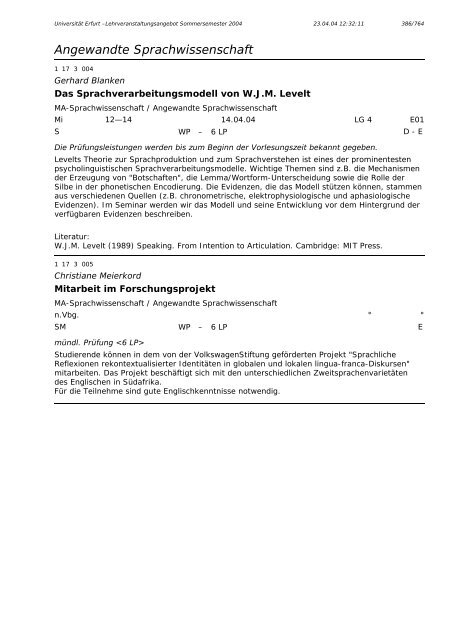 Lehrveranstaltungsangebot im SS 2004 - Universität Erfurt