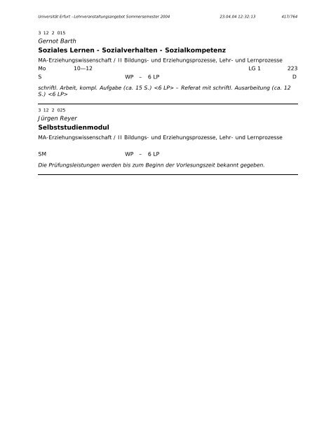 Lehrveranstaltungsangebot im SS 2004 - Universität Erfurt